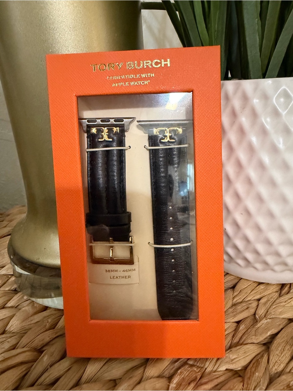 Tory Burch Black Leather Apple Watch Band with Gold Hardware